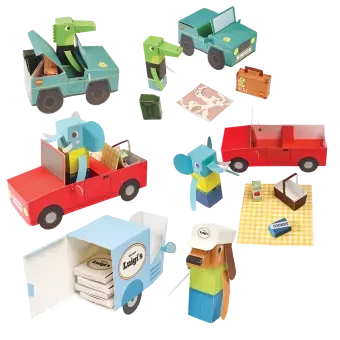 Completed 3D card playset with animal characters and vehicles.
