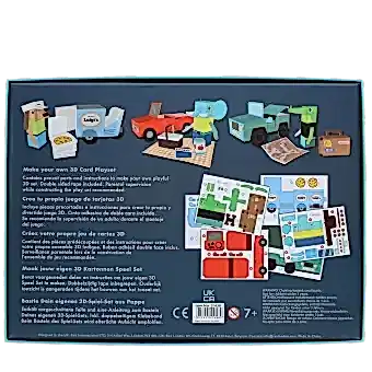 Back of 3D card playset box with safety warnings and multilingual instructions.