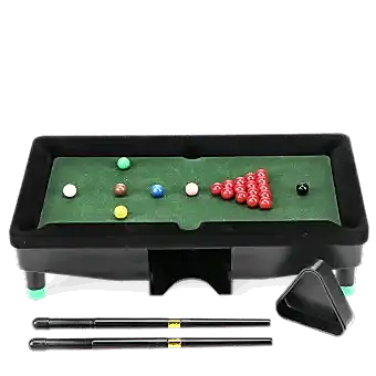 Table top snooker game set up with balls, cues, and rack out of the box