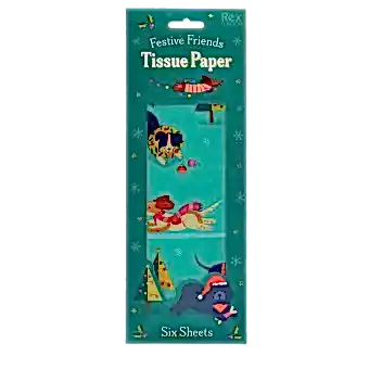 festive friends tissue paper feature illustrations of dogs in winter clothing in a box