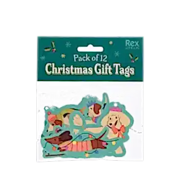 A package of 12 Christmas gift tags featuring dog designs