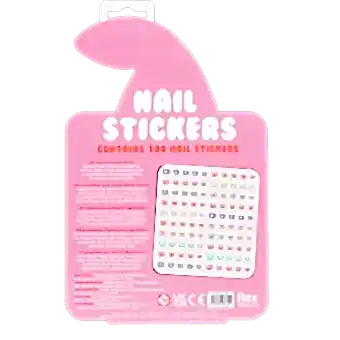 Back of nail stickers packaging with multilingual safety warnings.