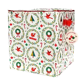 Cube-shaped storage bag with festive Christmas illustrations, featuring a red side handle and a tag