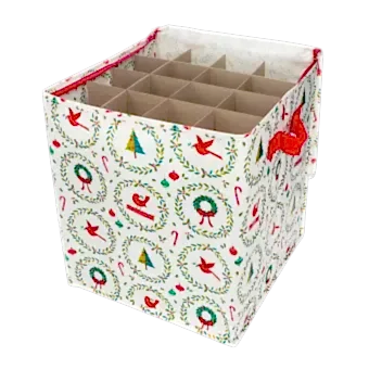 Festive storage bag with compartments for ornaments, decorated with Christmas-themed patterns and red handles
