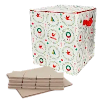 Cube-shaped storage bag with festive Christmas illustrations, featuring a red side handle and flat cardboard inserts in front