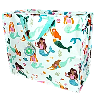 large rectangular bag with a light blue background, featuring colourful mermaid print