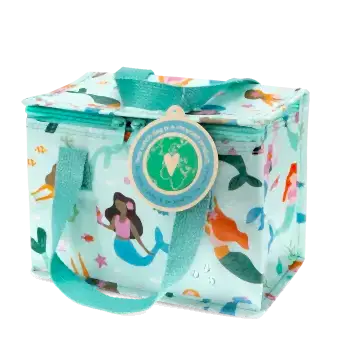 Insulated lunch bag decorated with colourful mermaids and featuring a tag