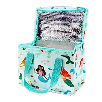 Insulated lunch bag featuring colourful mermaids and a zip opening