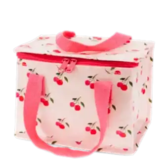 Insulated lunch bag decorated with cherry pattern on a light pink background
