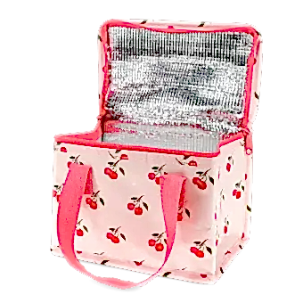 Insulated lunch bag decorated with cherry pattern on a light pink background and a zip opening