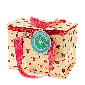 Insulated lunch bag decorated with a floral pattern and featuring a tag