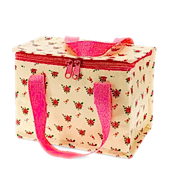 Insulated lunch bag decorated with a floral pattern
