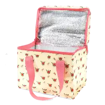 Insulated lunch bag decorated with a floral pattern and a zip opening
