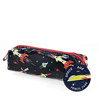 pencil case in space age print with tag