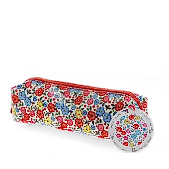 pencil case with pink floral print with zip and tag