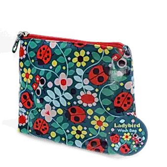 children wash bag with zip featuring ladybird and flowers print with tag