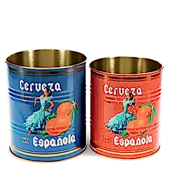 Two cylindrical storage tins, one blue and one red, featuring a vintage-style design with a woman in a traditional Spanish dress