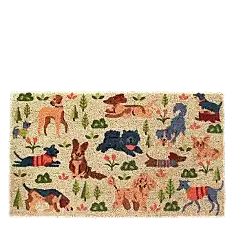 Colourful doormat featuring various dogs in different poses and colours