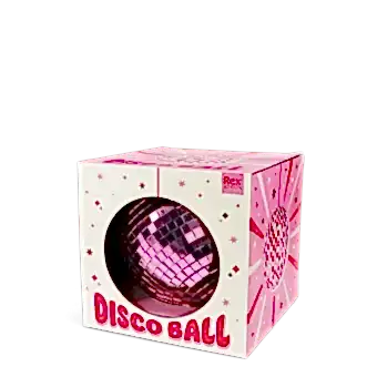 Pink disco ball inside a packaging labelled "DISCO BALL" in bold pink letters