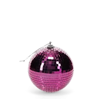 small disco ball covered in reflective pink tiles, with a string attached at the top for hanging.