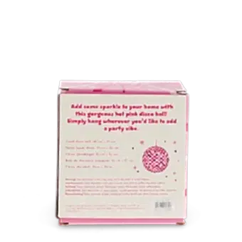 Back of the disco ball packaging shown with multilingual packaging and a warning label