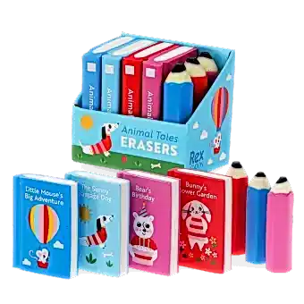 Set of erasers shaped like miniature books and pencils