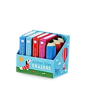 Set of erasers shaped like miniature books and pencils