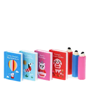 Set of erasers shaped like miniature books and pencils