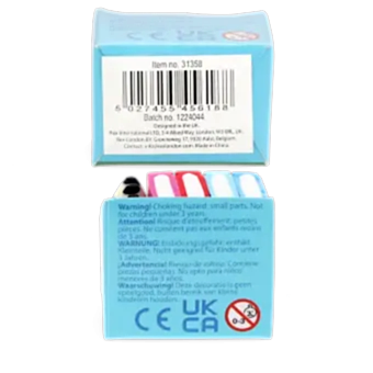 Packaging of book and pencil-shaped erasers with multilingual safety warnings