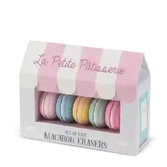 Box of five macaron-shaped erasers in retro-style packaging