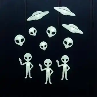 Glowing aliens and a flying saucer on a black background