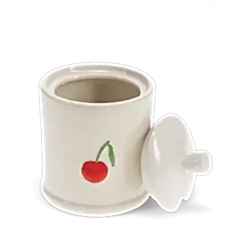 stoneware sugar pot with lid off, featuring a red cherry print and a small handle on top