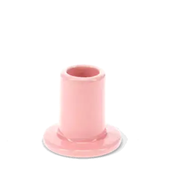 Pink ceramic candle holder with a cylindrical shape and wide flat base