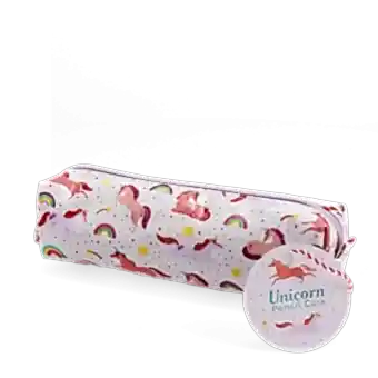 Pencil case in pink featuring colourful illustrations of unicorns, rainbows and stars with tag