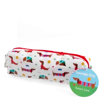 Pencil case in white featuring colourful illustrations of sausage dog with tag