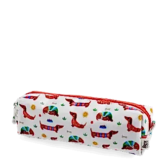 Pencil case in white featuring colourful illustrations of sausage dog 