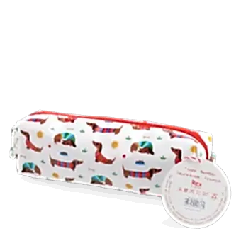 Pencil case in white featuring colourful illustrations of sausage dog with tag