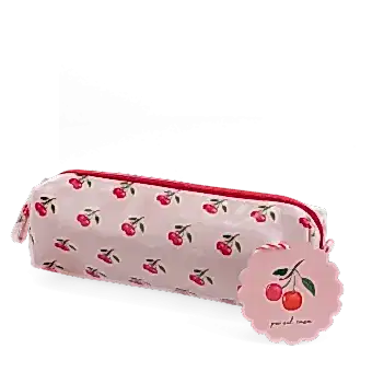 Pencil case in pink featuring colourful illustrations of red cherry print with tag