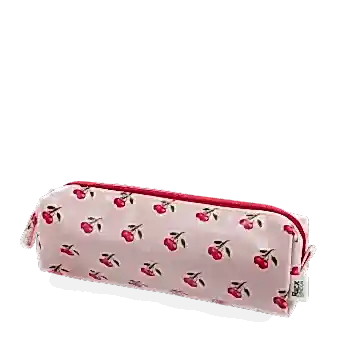 Pencil case in pink featuring colourful illustrations of red cherry print