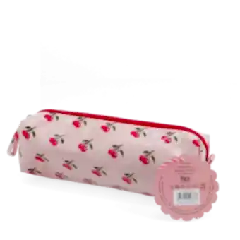 Pencil case in pink featuring colourful illustrations of red cherry print with tag