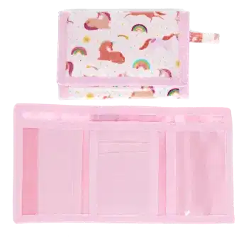 Wallet in pink featuring colourful illustrations of unicorns, rainbows and stars with open cards slot