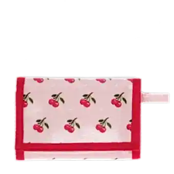 Wallet in pink featuring colourful illustrations of red cherry print
