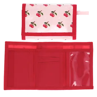 Wallet in pink featuring colourful illustrations of red cherry print with open cards slot
