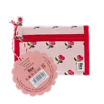 Wallet in pink featuring colourful illustrations of red cherry print with tag