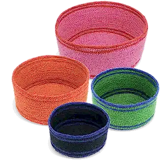 Four woven storage baskets in varying sizes and colours