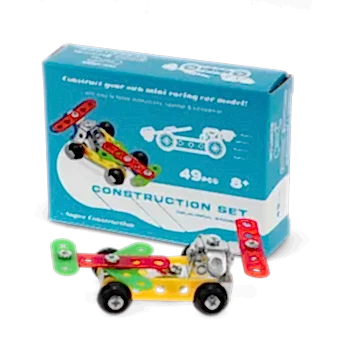 Completed colourful racing car model displayed with its packaging box