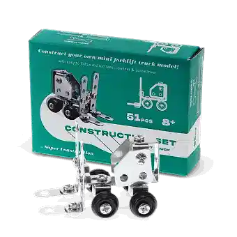 Completed forklift truck model displayed with its packaging box