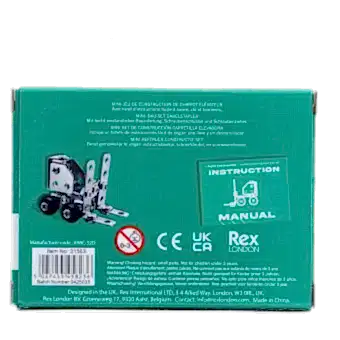 Back of mini forklift truck construction set packaging showing safety warning in multilingual
