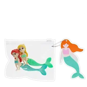 Mermaid-shaped erasers in a clear pouch with a tag