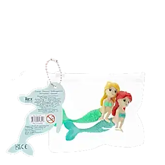 Mermaid-shaped erasers in a clear pouch with a tag showing safety warning in multilangual